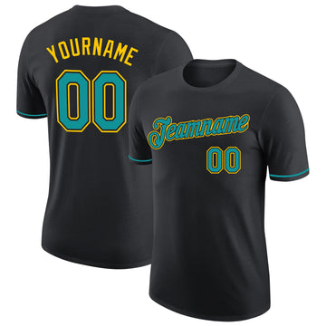 Custom Black Teal-Yellow Performance T-Shirt