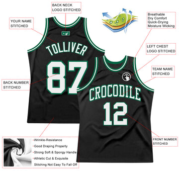 Custom Black White-Kelly Green Authentic Throwback Basketball Jersey