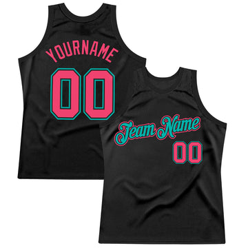 Custom Black Neon Pink-Aqua Authentic Throwback Basketball Jersey