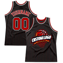 Load image into Gallery viewer, Custom Black Red Pinstripe White Authentic Throwback Basketball Jersey
