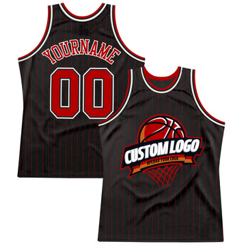 Custom Black Red Pinstripe White Authentic Throwback Basketball Jersey