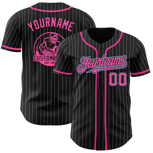 Custom Black White Pinstripe Pink-Light Blue Authentic Baseball Jersey