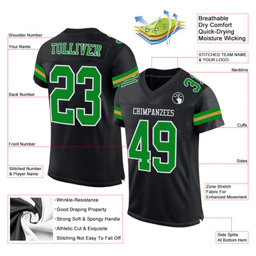 Custom Black Grass Green-Old Gold Mesh Authentic Football Jersey