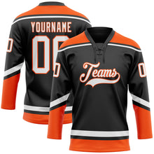 Load image into Gallery viewer, Custom Black White-Orange Hockey Lace Neck Jersey
