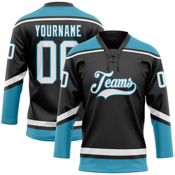 Custom Black White-Panther Blue Hockey Lace Neck Jersey