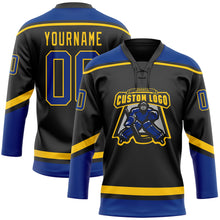 Load image into Gallery viewer, Custom Black Royal-Yellow Hockey Lace Neck Jersey
