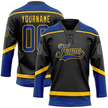 Load image into Gallery viewer, Custom Black Royal-Yellow Hockey Lace Neck Jersey
