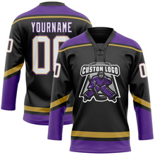 Load image into Gallery viewer, Custom Black White Old Gold-Purple Hockey Lace Neck Jersey

