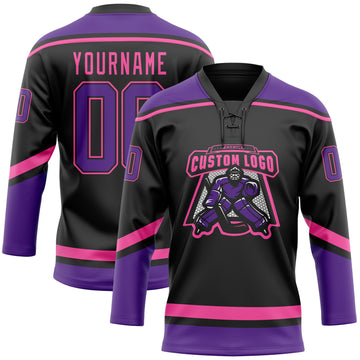 Custom Black Purple-Pink Hockey Lace Neck Jersey