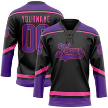 Load image into Gallery viewer, Custom Black Purple-Pink Hockey Lace Neck Jersey
