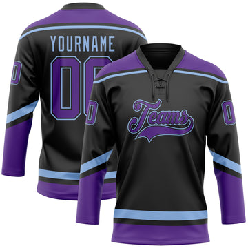 Custom Black Purple-Light Blue Hockey Lace Neck Jersey