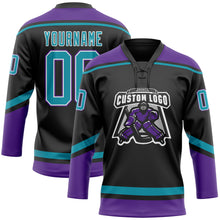 Load image into Gallery viewer, Custom Black Teal-White Hockey Lace Neck Jersey
