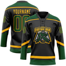 Load image into Gallery viewer, Custom Black Green-Gold Hockey Lace Neck Jersey
