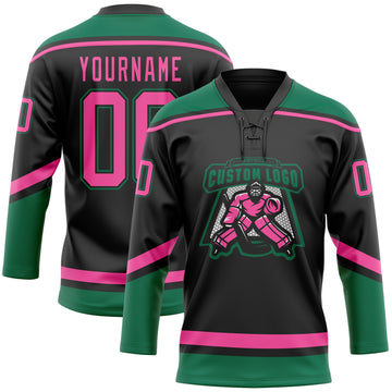 Custom Black Pink-Kelly Green Hockey Lace Neck Jersey