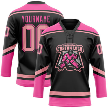 Custom Black Medium Pink-Pink Hockey Lace Neck Jersey