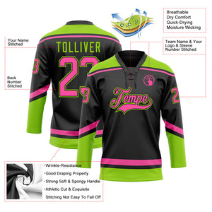 Custom Black Pink-Neon Green Hockey Lace Neck Jersey