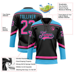 Custom Black Pink-Sky Blue Hockey Lace Neck Jersey