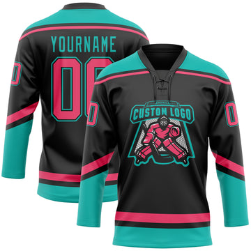 Custom Black Neon Pink-Aqua Hockey Lace Neck Jersey