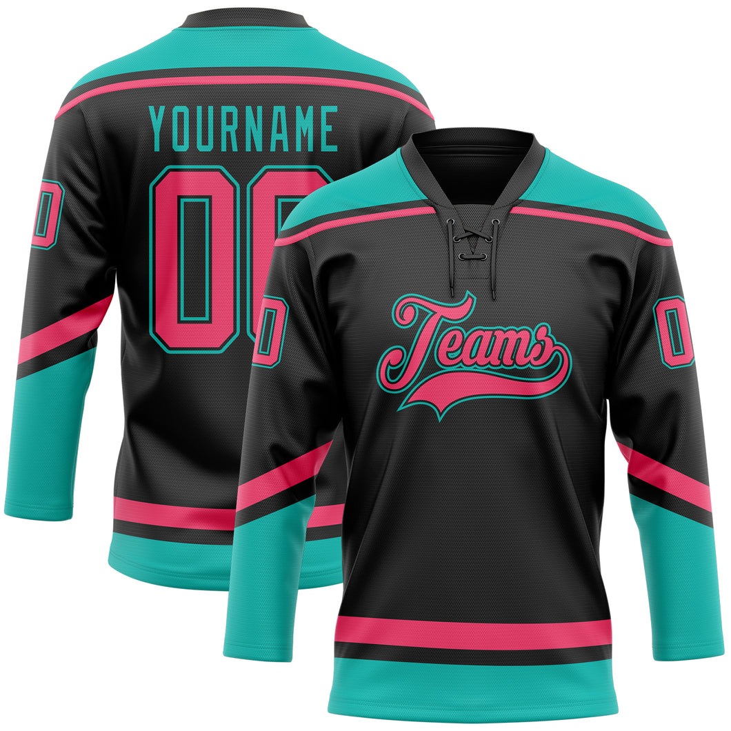 Custom Black Neon Pink-Aqua Hockey Lace Neck Jersey