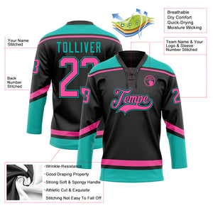 Custom Black Pink-Aqua Hockey Lace Neck Jersey