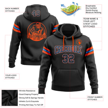 Custom Stitched Black Electric Blue-Orange Football Pullover Sweatshirt Hoodie