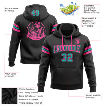 Custom Stitched Black Aqua-Pink Football Pullover Sweatshirt Hoodie