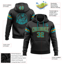 Load image into Gallery viewer, Custom Stitched Black Teal-Gold Football Pullover Sweatshirt Hoodie
