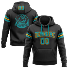 Load image into Gallery viewer, Custom Stitched Black Teal-Gold Football Pullover Sweatshirt Hoodie
