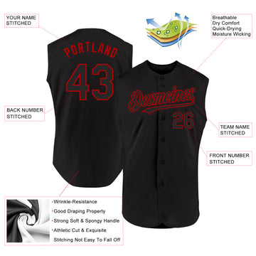 Custom Black Red Authentic Sleeveless Baseball Jersey