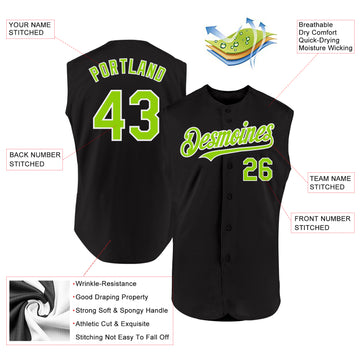 Custom Black Neon Green-White Authentic Sleeveless Baseball Jersey