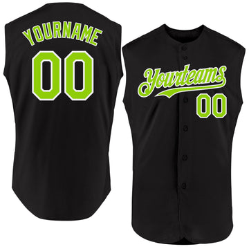 Custom Black Neon Green-White Authentic Sleeveless Baseball Jersey