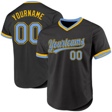 Load image into Gallery viewer, Custom Black Light Blue-Gold Authentic Throwback Baseball Jersey
