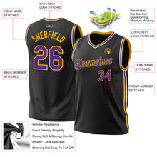 Load image into Gallery viewer, Custom Black Purple-Gold Authentic Throwback Basketball Jersey
