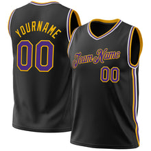 Load image into Gallery viewer, Custom Black Purple-Gold Authentic Throwback Basketball Jersey
