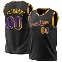 Load image into Gallery viewer, Custom Black Purple-Gold Authentic Throwback Basketball Jersey
