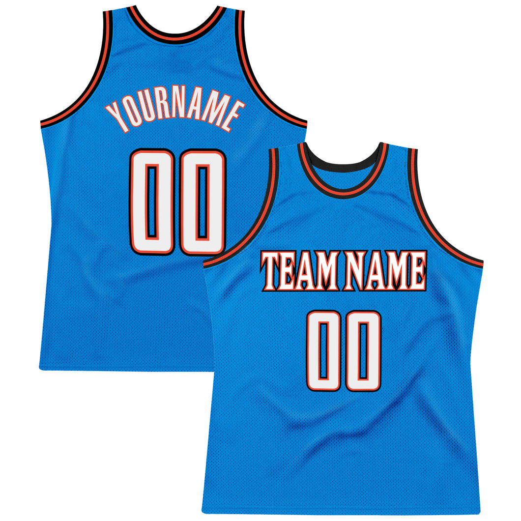 Custom Blue White-Orange Authentic Throwback Basketball Jersey