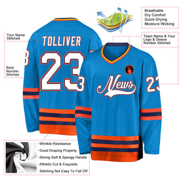 Custom Blue White-Orange Hockey Jersey