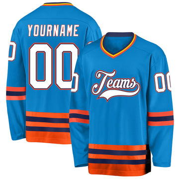 Custom Blue White-Orange Hockey Jersey