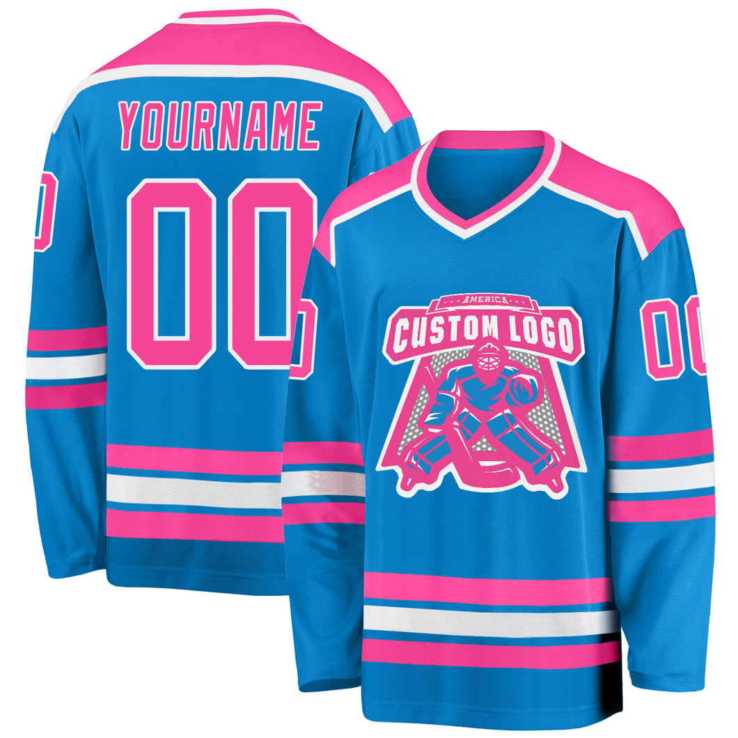 Custom Blue Pink-White Hockey Jersey