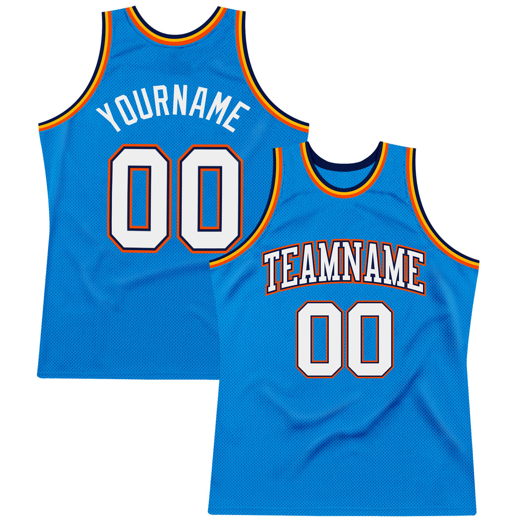 Custom Blue White Navy-Orange Authentic Throwback Basketball Jersey