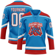 Load image into Gallery viewer, Custom Blue White-Red Hockey Lace Neck Jersey
