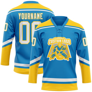 Custom Blue White-Yellow Hockey Lace Neck Jersey