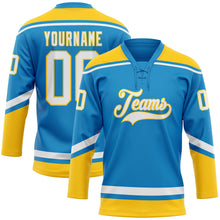 Load image into Gallery viewer, Custom Blue White-Yellow Hockey Lace Neck Jersey
