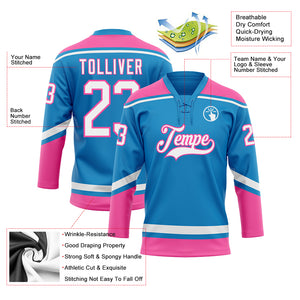 Custom Blue White-Pink Hockey Lace Neck Jersey