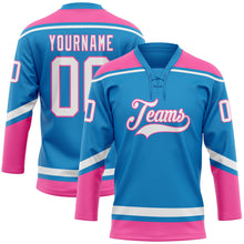 Load image into Gallery viewer, Custom Blue White-Pink Hockey Lace Neck Jersey
