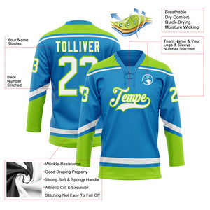 Custom Blue White-Neon Green Hockey Lace Neck Jersey