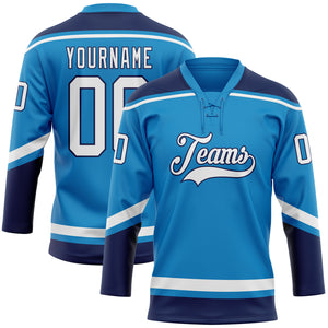 Custom Blue White-Navy Hockey Lace Neck Jersey