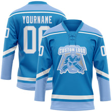 Load image into Gallery viewer, Custom Blue White-Light Blue Hockey Lace Neck Jersey
