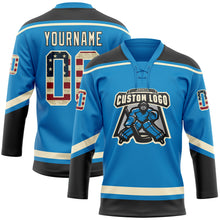 Load image into Gallery viewer, Custom Blue Vintage USA Flag Cream-Black Hockey Lace Neck Jersey
