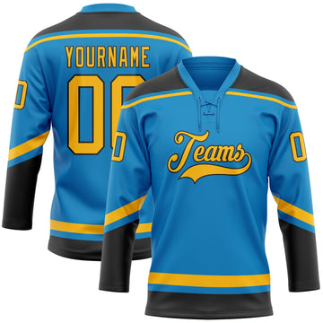Custom Blue Gold-Black Hockey Lace Neck Jersey